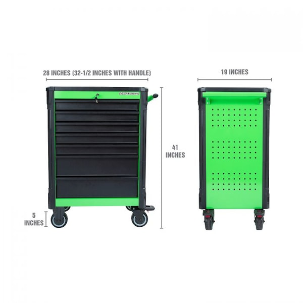 Tool Cart with Molded Work Top, 7 Drawer, Black/Green, 28 in W x 19 in D x 40 in H